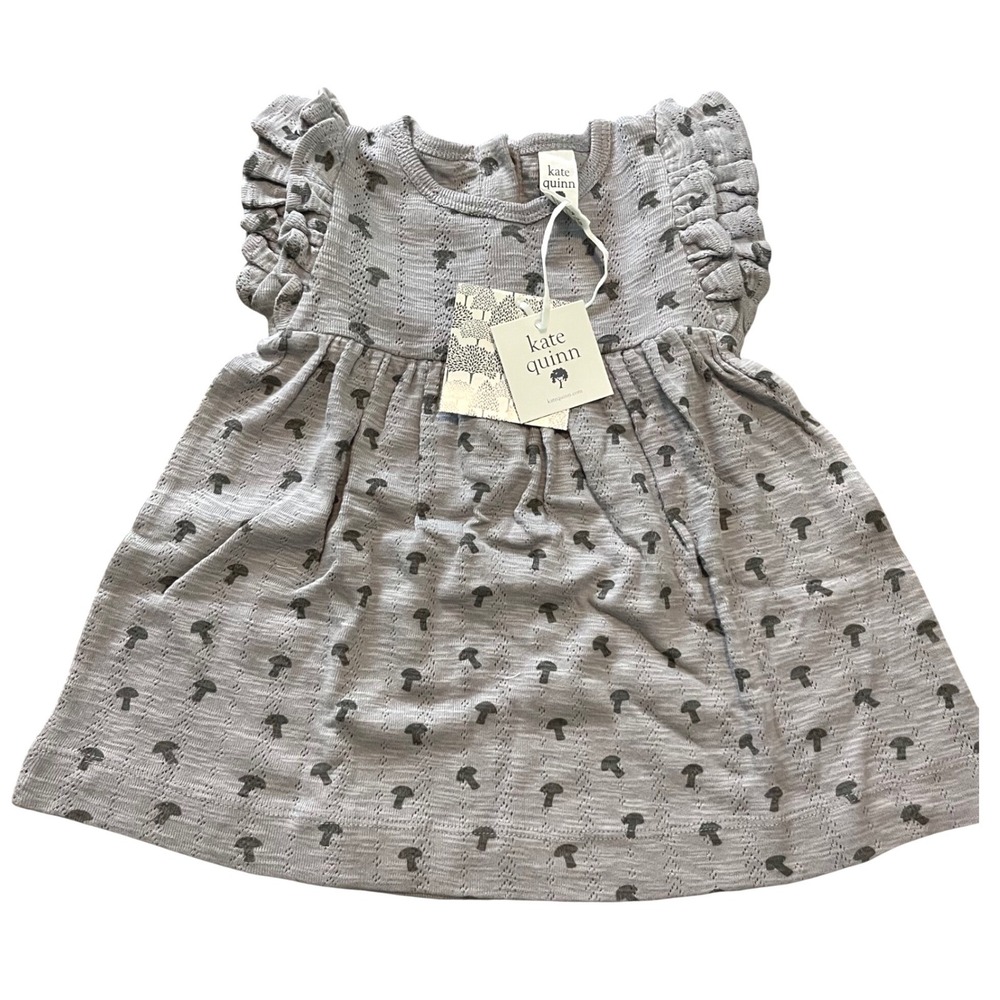 Kate Quinn Mushroom Pointelle Dress Baby 6-12M Grey Cottagecore Ruffle Flutter